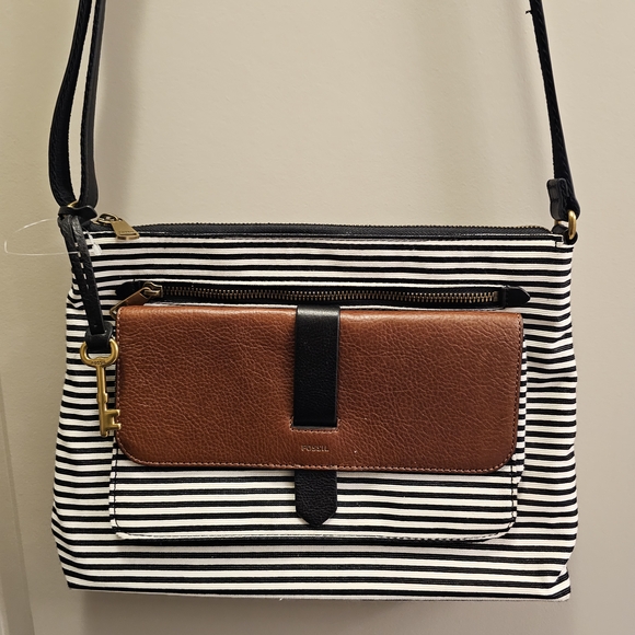 Fossil Kinley Striped Leather Zip Closure Convertible Crossbody Satchel Purse - Picture 3 of 8